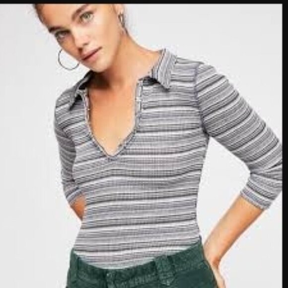 We The Free Striped Semi Button Down Collared Long Sleeved Polo Top - Picture 1 of 4